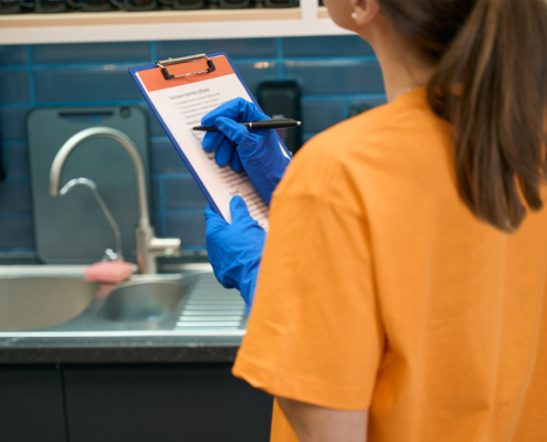 Cleaning company worker checking list cleaned areas in coworking space